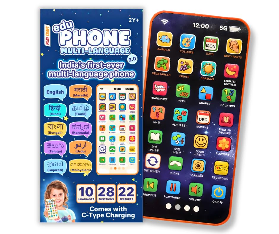 Image of Multi Language EduPhone | Educational, Screen - Free Toy |Type-C Rechargeable | 10 Indian Languages | 28 Functions | Flash Function | 20 Educational topics for Age 2 Years to 10 Years