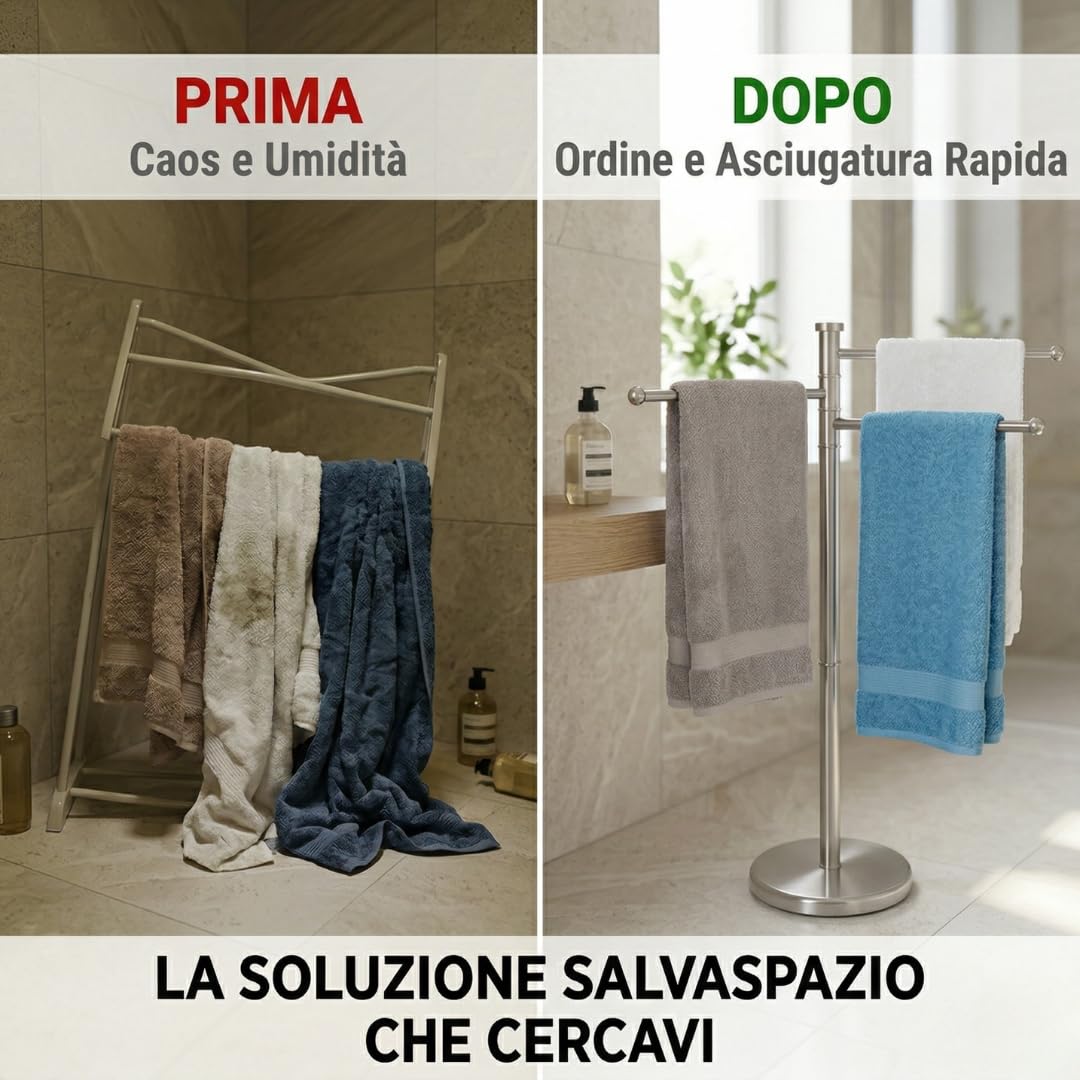 Piantana Portasciugamani da Terra in Acciaio con 3 Bracci Rotanti - Porta Salviette Bagno Salvaspazio Stabile e Antiruggine - Design Moderno in Argento Satinato 87x37x22 cm