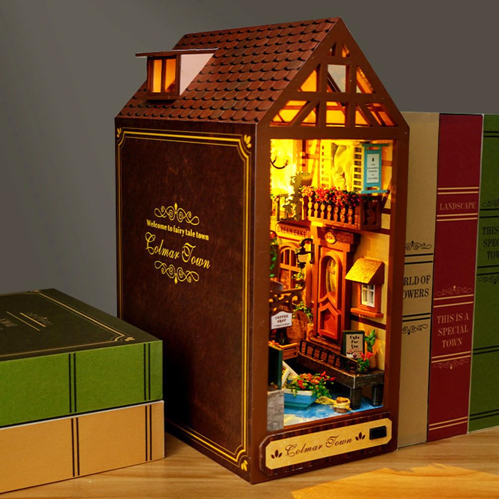 Cjeuxnr French Style Mini Wooden Book Nook kit Romantic Fairy Tale Town Building Model DIY Book Block Bookshelf Model with Furniture for Adult Teenagers (Leisurely Years)
