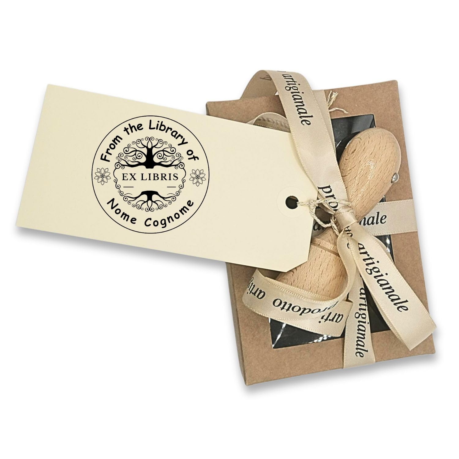 Ex Libris Personalizzabile Timbro Personalizzato in Legno Albero della Vita Idea Regalo con Scatola e Nastro 6 Grafiche Inchiostro Nero