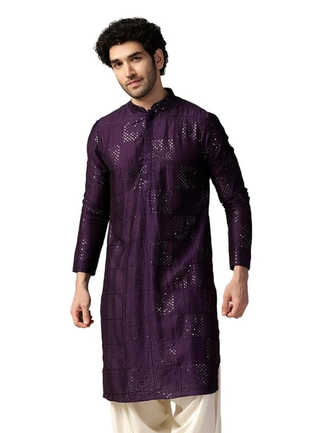 Kisah Men's Kurta, Purple Cotton, Embellished Regular Fit Mandarin Collar Long Sleeves (42)