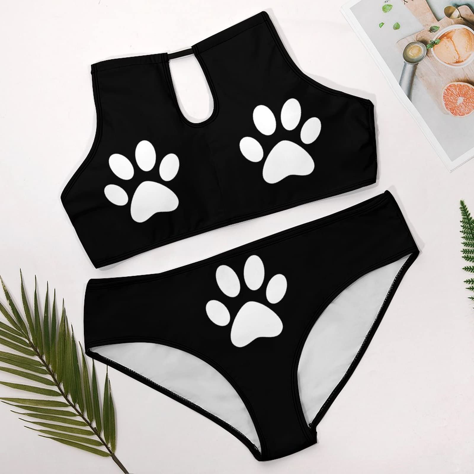 SEPTYK Black Animal Paw Print Women Sexy Bikini 2 PC Plus Size Swimsuits Hollow Out High Neck Bathing Suit 3XL