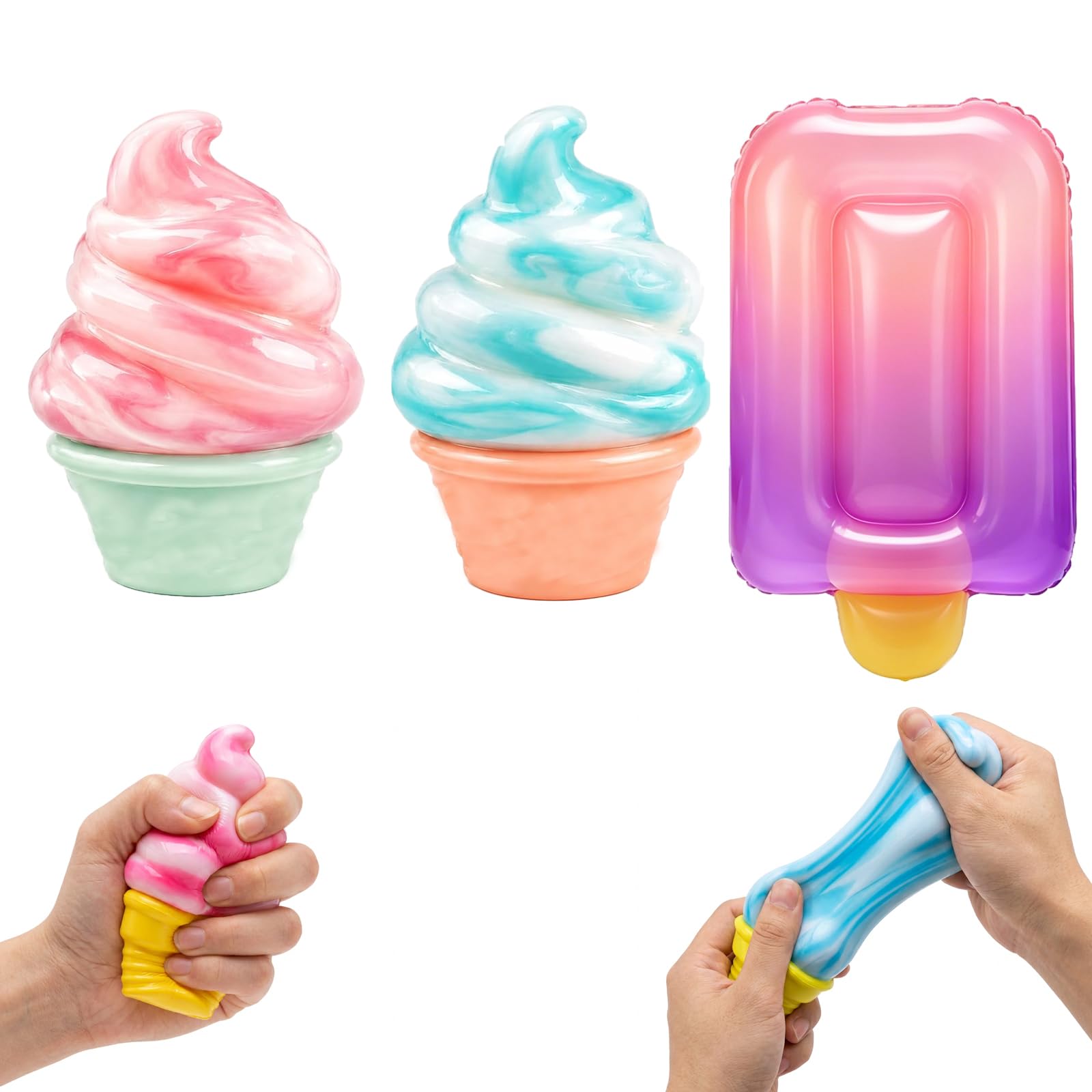 3PCS Ice Cream Squishy, Slow Rise Squishy for Office and Classroom, Colorful Soft with Pink Ice Cream, Blue Ice Cream and Purple Ice Lolly