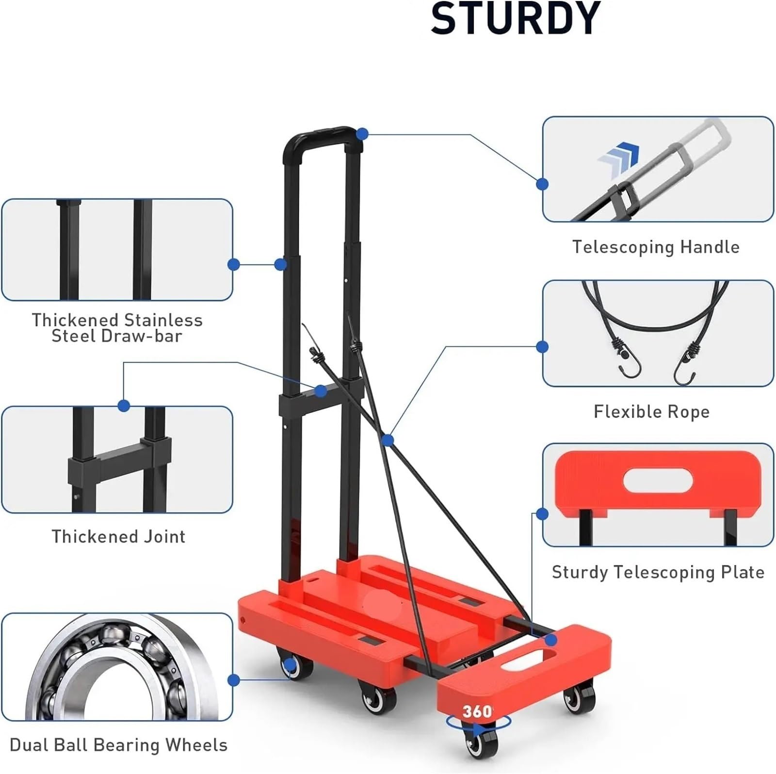 Carrello a Mano Pieghevole, for Bagagli Pesanti da 500 LB, con Piattaforma for Utilitario 6 Ruote 2 Corde Elastiche Per Il Trasporto
