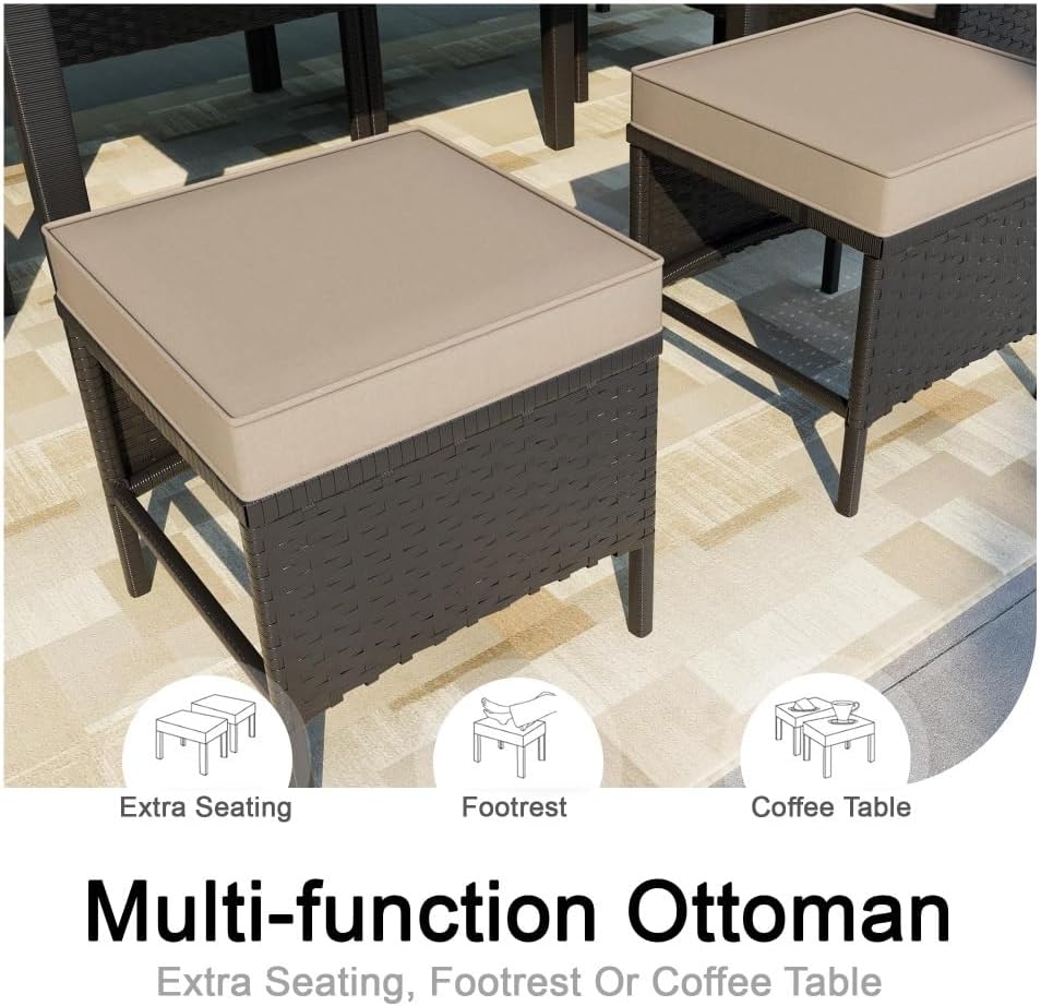 7 Pieces Outdoor Dining Set for 9 Outside PE Rattan Conversation Sets Wicker Sofa Patio Furniture with Black Glass Dining Table for Small Space Backyard Porch Balcony(Gray)