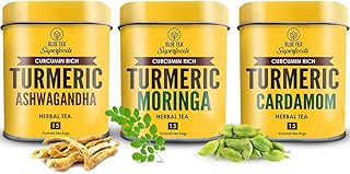 BLUE TEA Turmeric Moringa Tea + Turmeric Ashwagandha Tea + Turmeric Cardamom Tea || COMBO PACK || 18 Pyramid Shaped Eco-co...