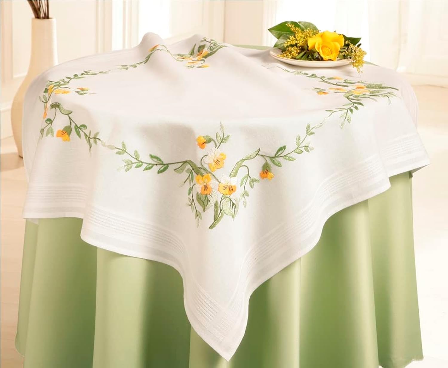 DECO-LINE Garden Florals 80X80CM Printed Tablecloth Embroidery KIT, White