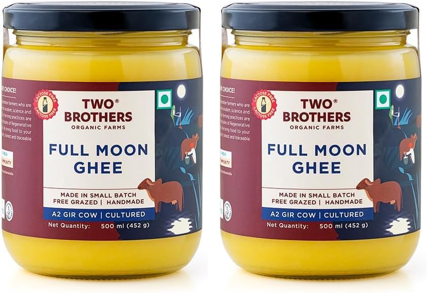 Image of Two Brothers Organic Farms - A2 Ghee (500ml) | Full Moon Cultured Cow Desi Ghee | Curd-Churned Bilona Ghee | Pure, Natural, and Healthy | India's Only Certified Grass-Fed A2 Gir Cow Ghee (Pack of 2)