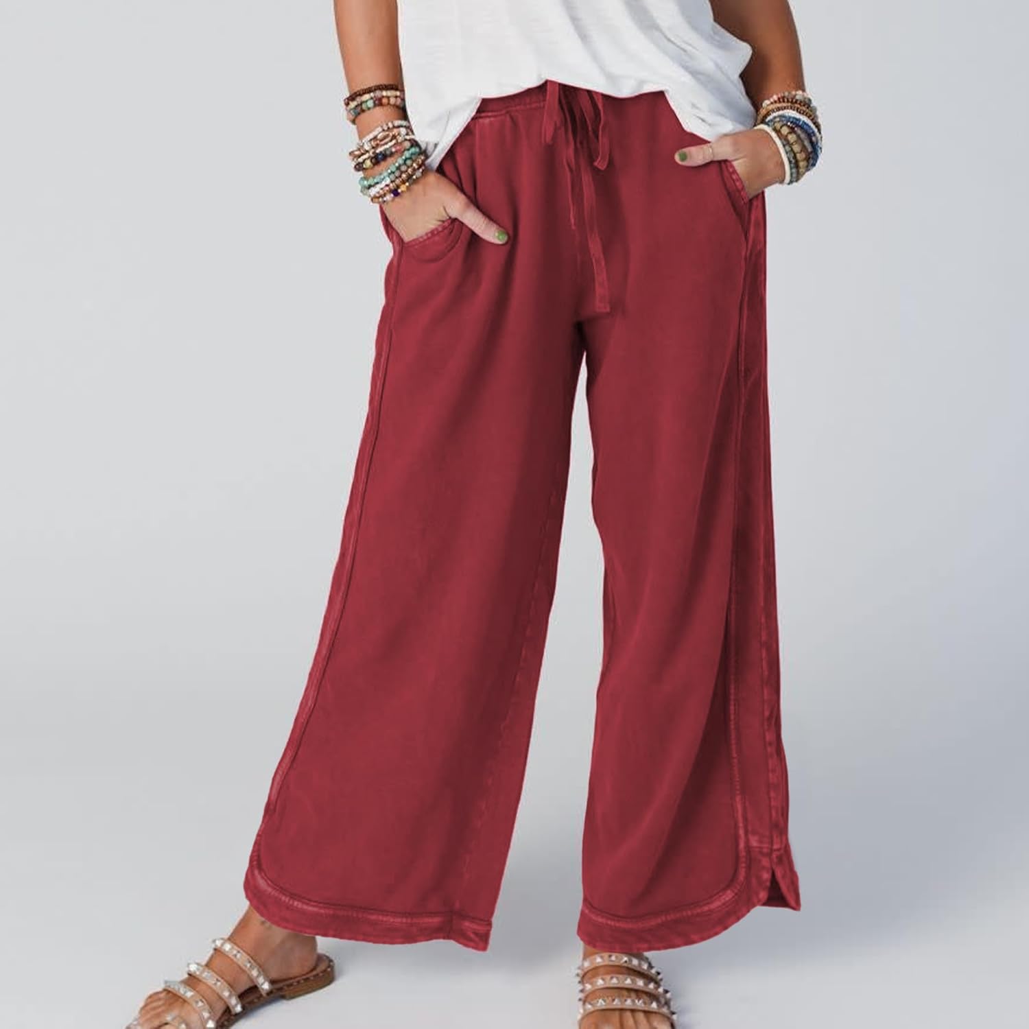 Hixiaohe Women's Casual Wide Leg Sweatpants High Waist Baggy Acid Wash Pants Drawstring Athletic Palazzo Pants with Pockets - Image 4