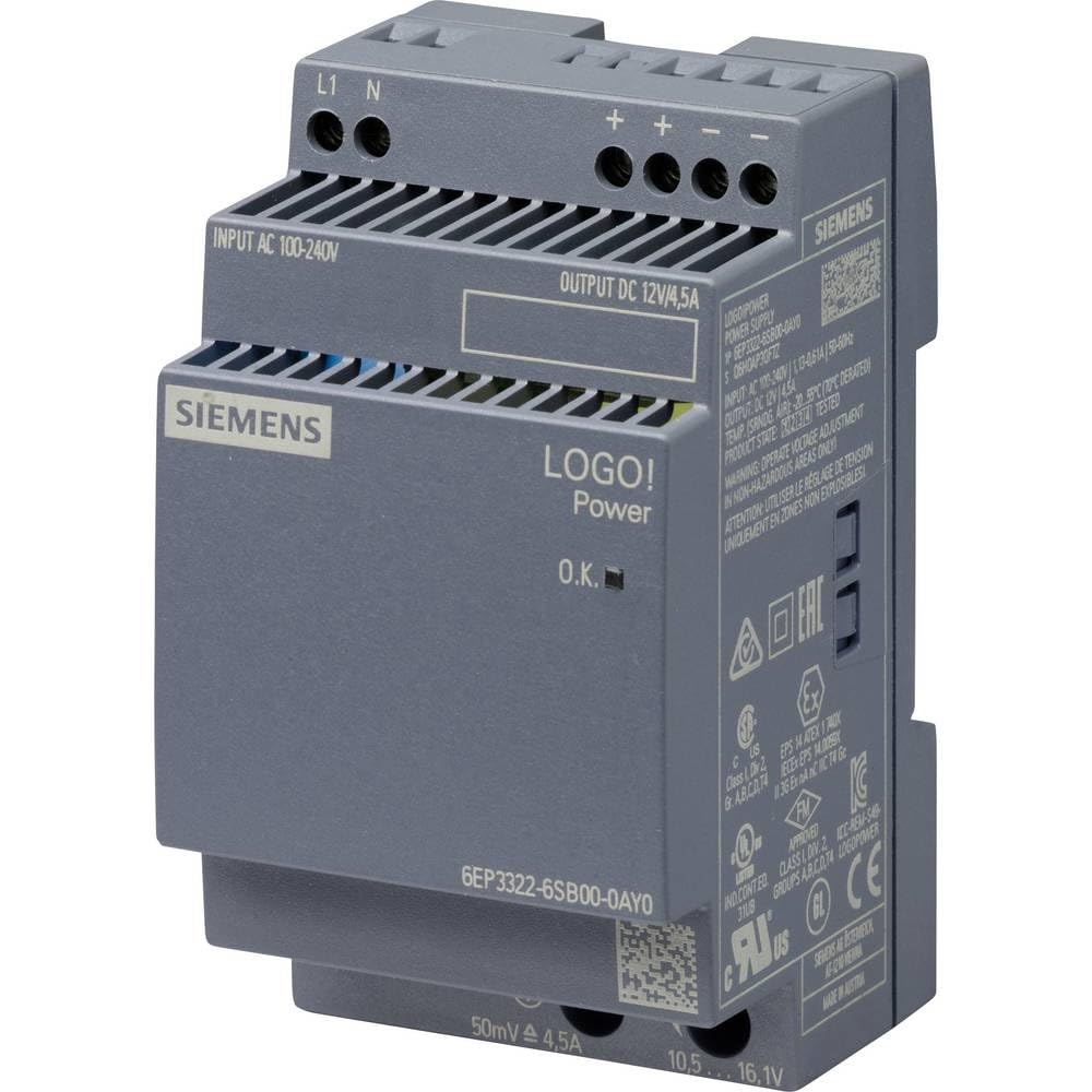 Siemens LOGO!POWER 6EP3322-6SB00-0AY0 Alimentatore Switching 12V 4.5A – Ingresso AC 100-240V, Regolato Per Quadri Elettrici