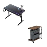 RGB LED Gaming Desk&comma; Music Sync Lights Up Tempered Glass Desktop，with Height Adjustable Computer Tower Stand Walnut