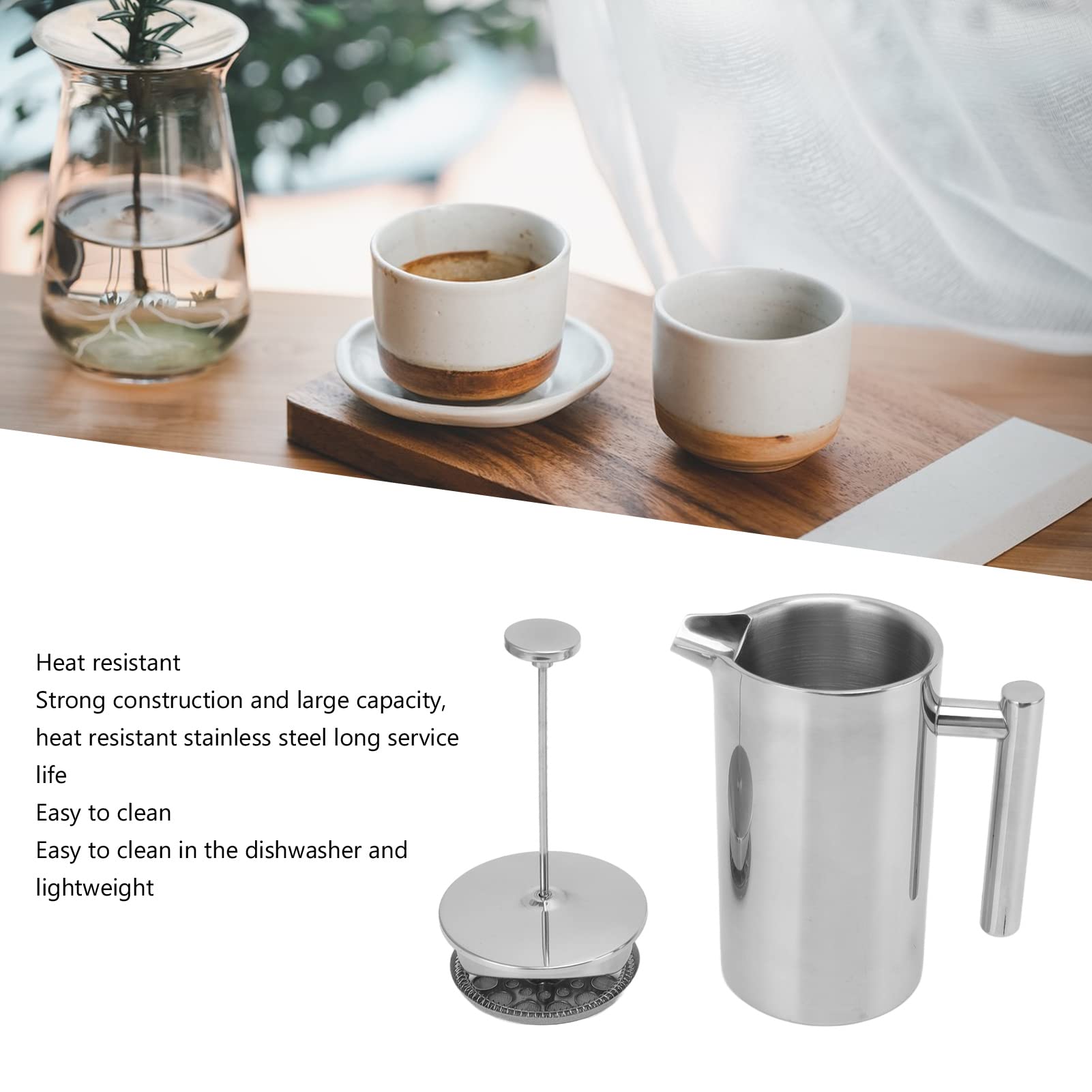 Cafetera de prensa francesa, tetera de doble pared de acero inoxidable 304, prensa de café hecha a mano, con pantalla de filtro, para acampar y viajar al aire libre (800ml)