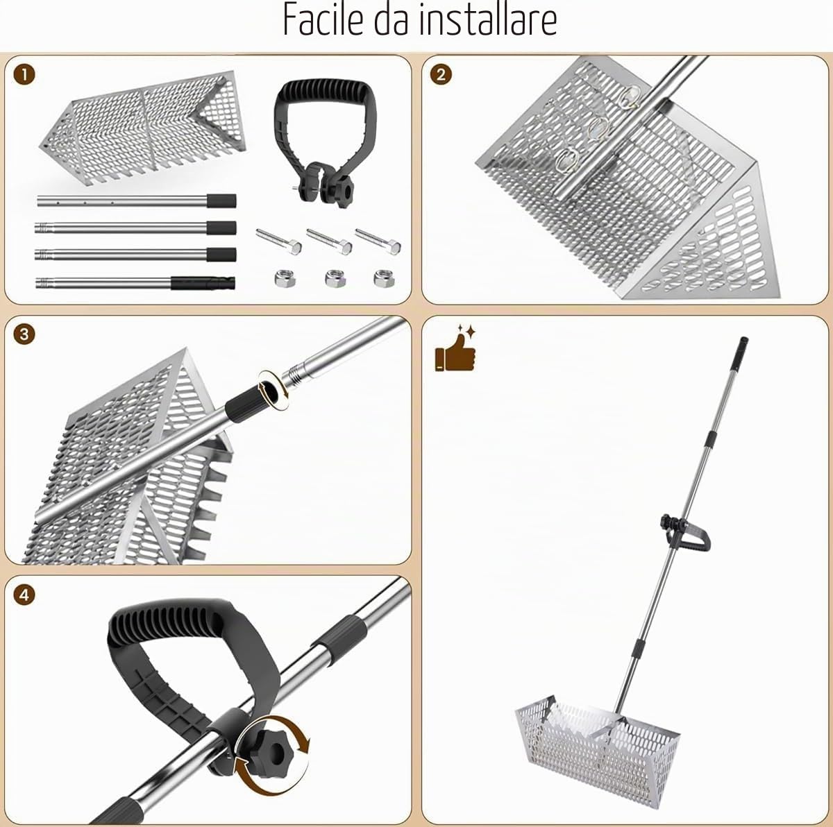 Set di rastrello per pulci, setaccio per sabbia da spiaggia in acciaio inox con cestello largo da 40 cm a denti di squalo, rastrello per sabbia scavato in acciaio al carbonio, rastrelli con manico