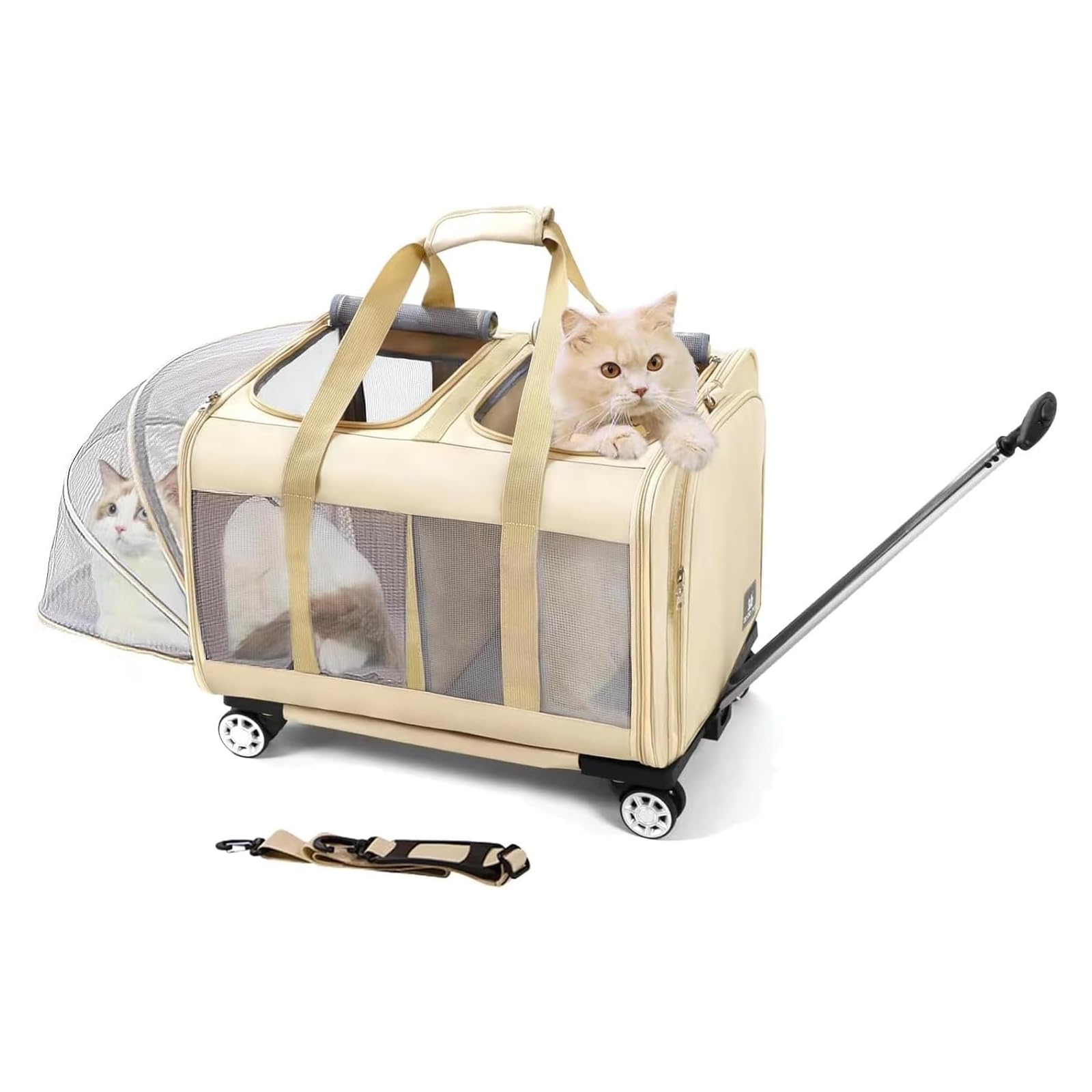 Transportín Doble para 2 Gatos con Ruedas - 2 Compartimentos Independientes,Base Extraíble y Correas de Seguridad - Transpirable - Ideal Viajes en Coche/Veterinario (55x44x33 cm)