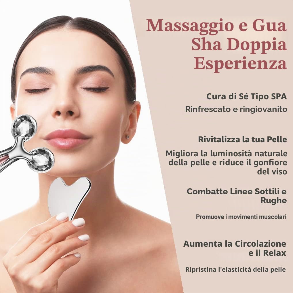 leiwo - Set di rulli per il viso e gua sha, in acciaio inossidabile, strumento per scolpire il viso, per la cura della pelle in metallo, massaggiatore per donne