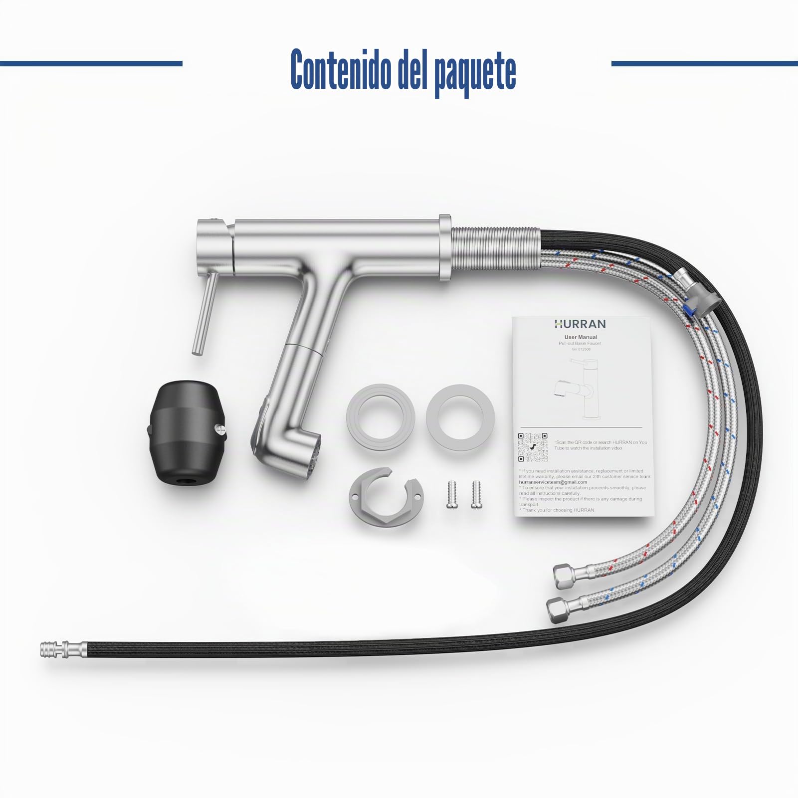HURRAN Grifo de Baño con Cabezal Extraíble, Monomando para Lavabo con 2 Modos, Grifo para Fregadero de Uso General, Acero Inoxidable, Niquelado Cepillado