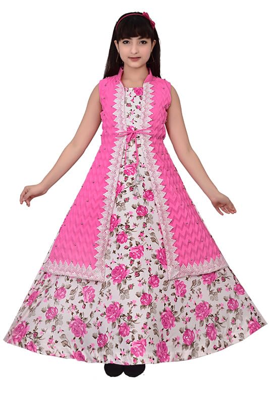 NEW TREND COLLECTION Kids Cotton Flared Beautiful Printed with Joint Jacket Gown for Girls Yellow-22