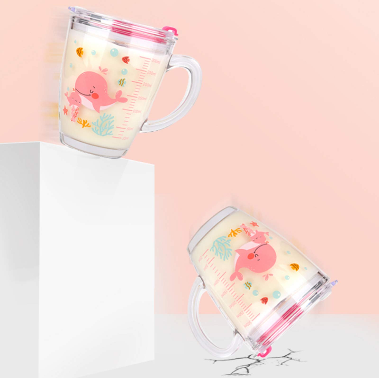Bicchiere da latte in vetro con misura, misurino con coperchio e cannuccia in silicone per bambini, 350 ml, resistente al calore, in vetro temperato per microonde, succo di latte