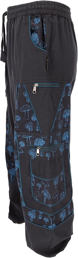 GURU SHOP Goahose, pantaloni da yoga da uomo, comodi pantaloni per il tempo libero con stampa funghi in cotone, nero/petrolio, 58
