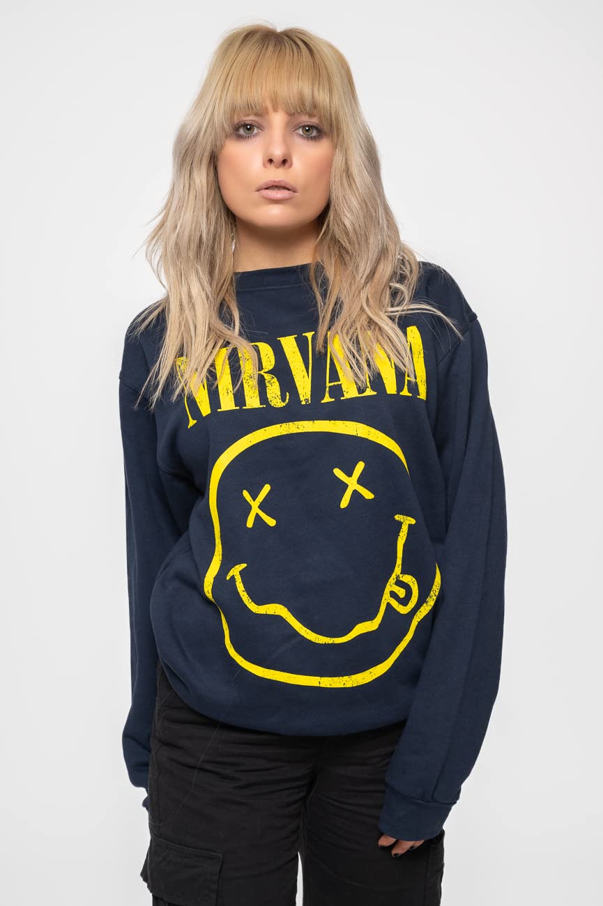 Nirvana Sweat-Shirt Jaune Smile Band Logo Nouveau Officiel Unisex Navy Bleu Size S