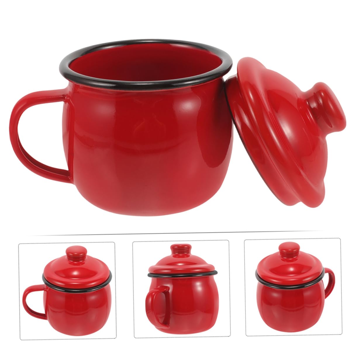 Emaille Wasserbecher 2 Stück mit Deckel 580ml, Rot, Mikrowellengeeignet | Büro und Party, Glatte Oberfläche, Robust und Tragbar, Simples Stilvolles Design