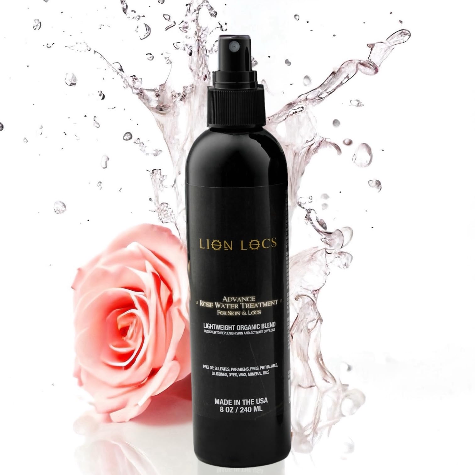 Lion Locs Rosewater Spray for Dreads, Dreadlocks, Braids, Faux Locs, Crochet Locs, Sisterlocks with Aloe, Essential Oils, Vitamins, and Glycerin | Organic Vegan Conditioner Rose Water Spritz (8 oz.)