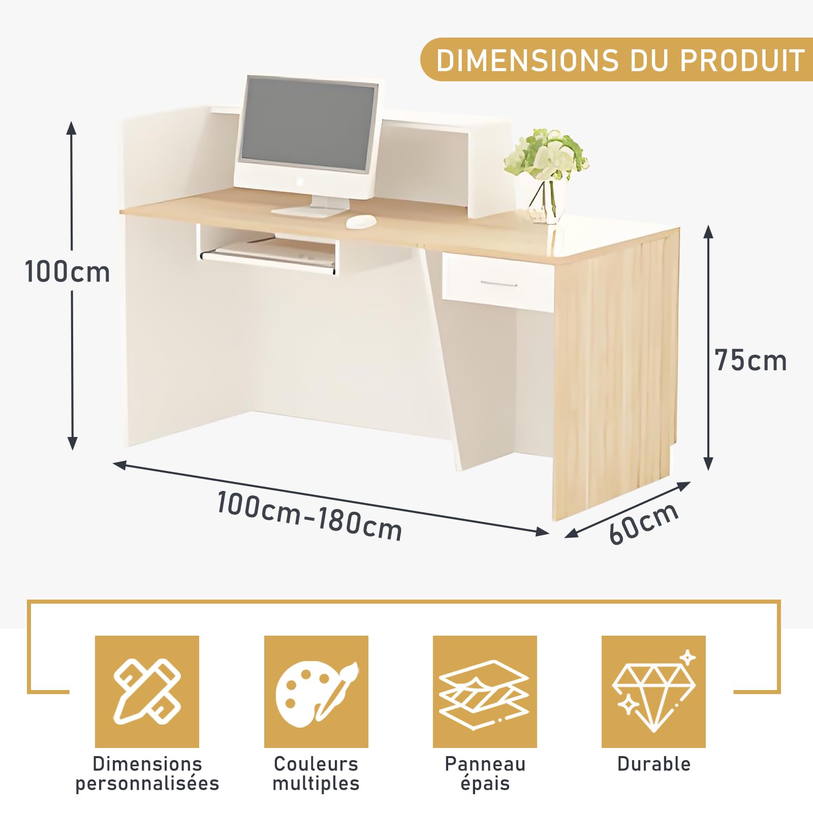 Comptoir de Réception, avec tiroir et étagères Ouvertes, comptoirs d'accueil de 100 à 220 cm, Moderne pour Bureau, adapté aux Salons, Bureaux, Halls d'entrée et magasins de détail