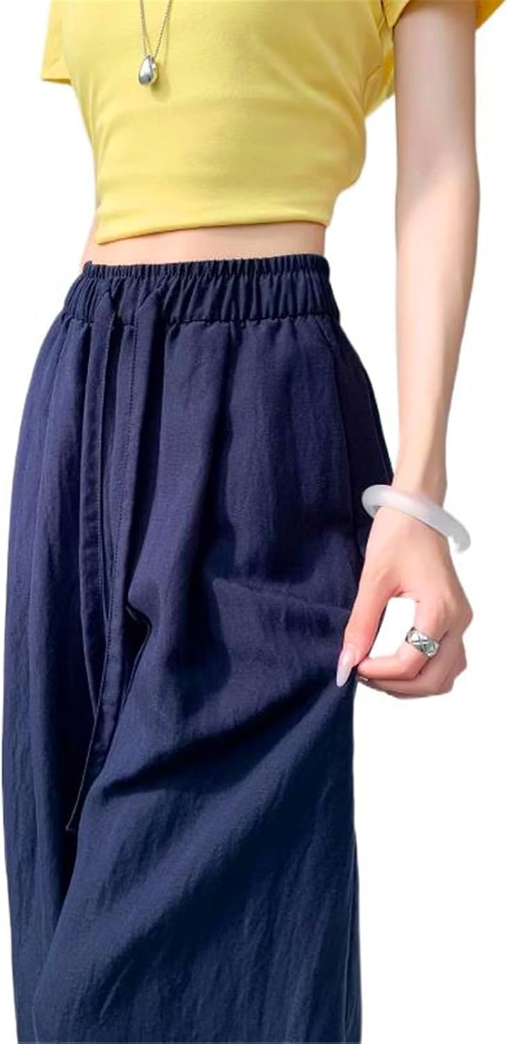 Women's Pants Summer Linen High-Waisted Loose Straight-Leg Trouser for Women-Dark Blue-Large