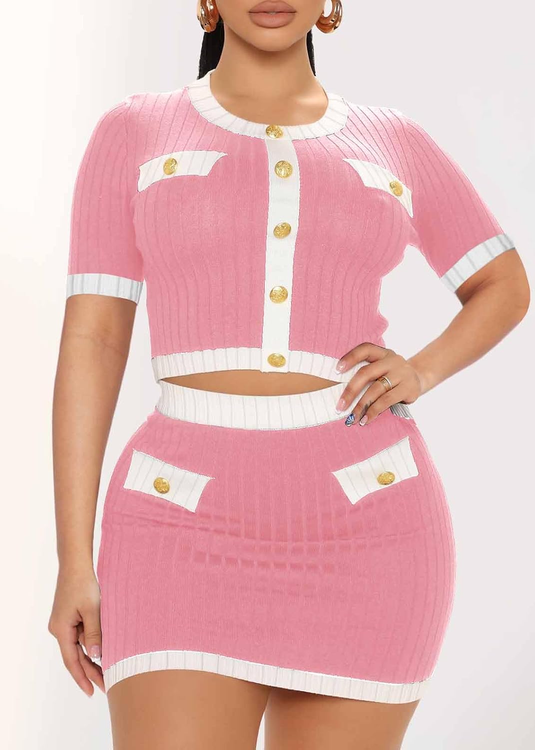 MOEENCN 2 Piece Skirt Outfits for Women Long Sleeve Button Crop Top Sexy Bodycon Mini Elegant Dress Party Club Night