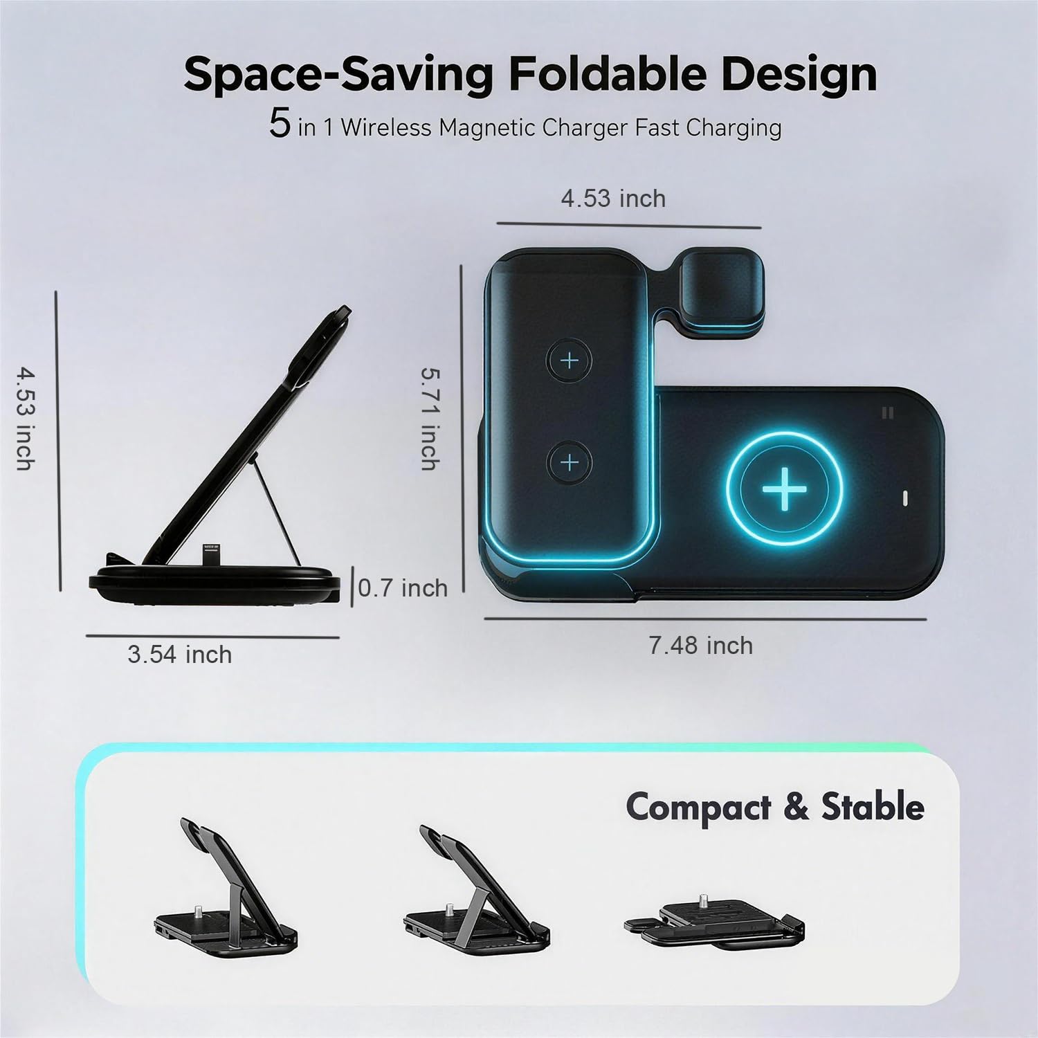 iGour - Estación de carga inalámbrica 5 en 1 para múltiples dispositivos, soporte de carga rápida premium para Apple Samsung Android, doble base de teléfono con puerto USB para mesita de noche de
