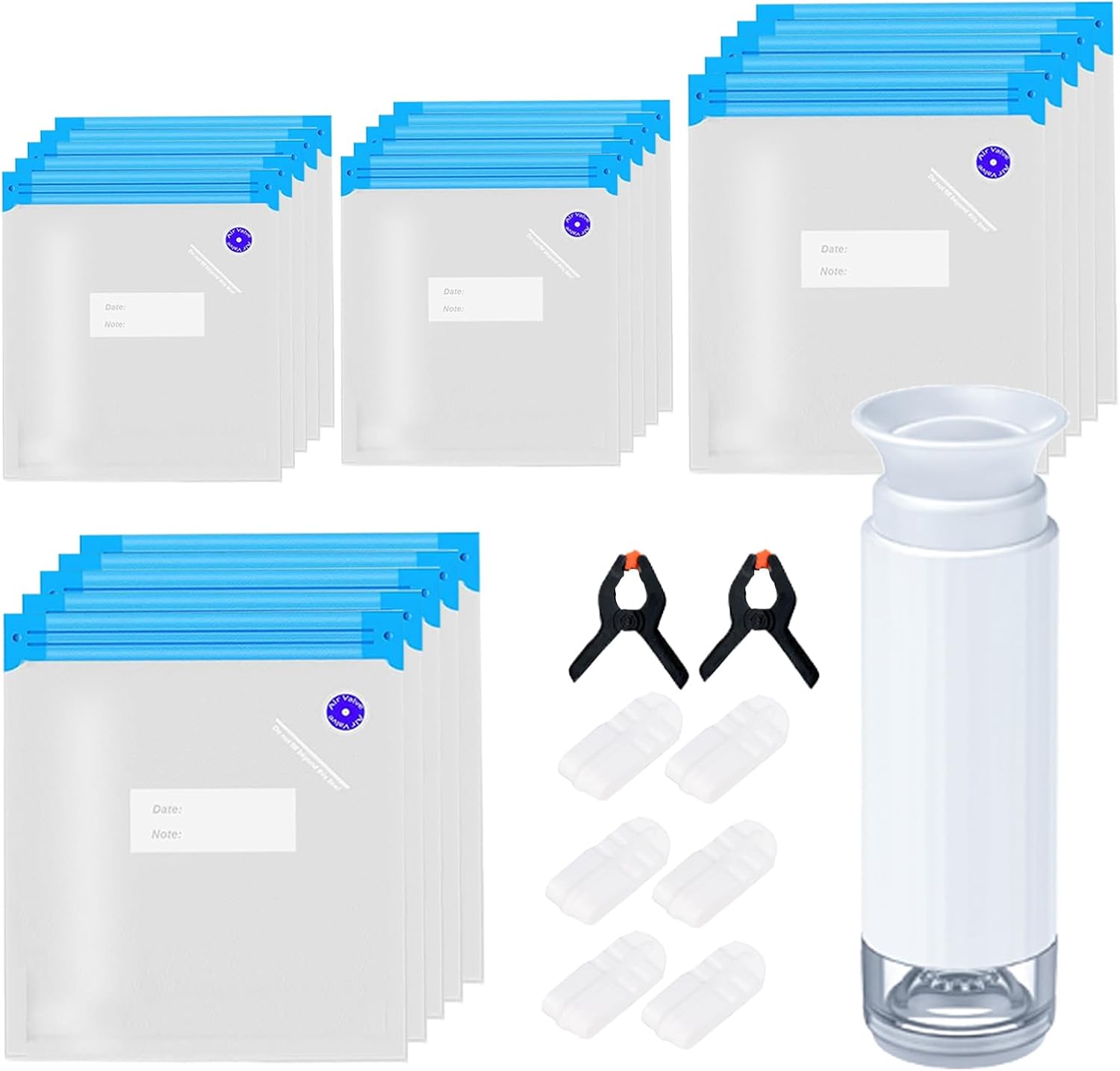 Domsanistor Sous Vide Bags & Vacuum Hand Pump, 20 Pcs Reusable Vacuum Seal Bags with Pump, 6 Sealing Clips & 2 Bag Clips for Food Storage and Sous Vide Cooking