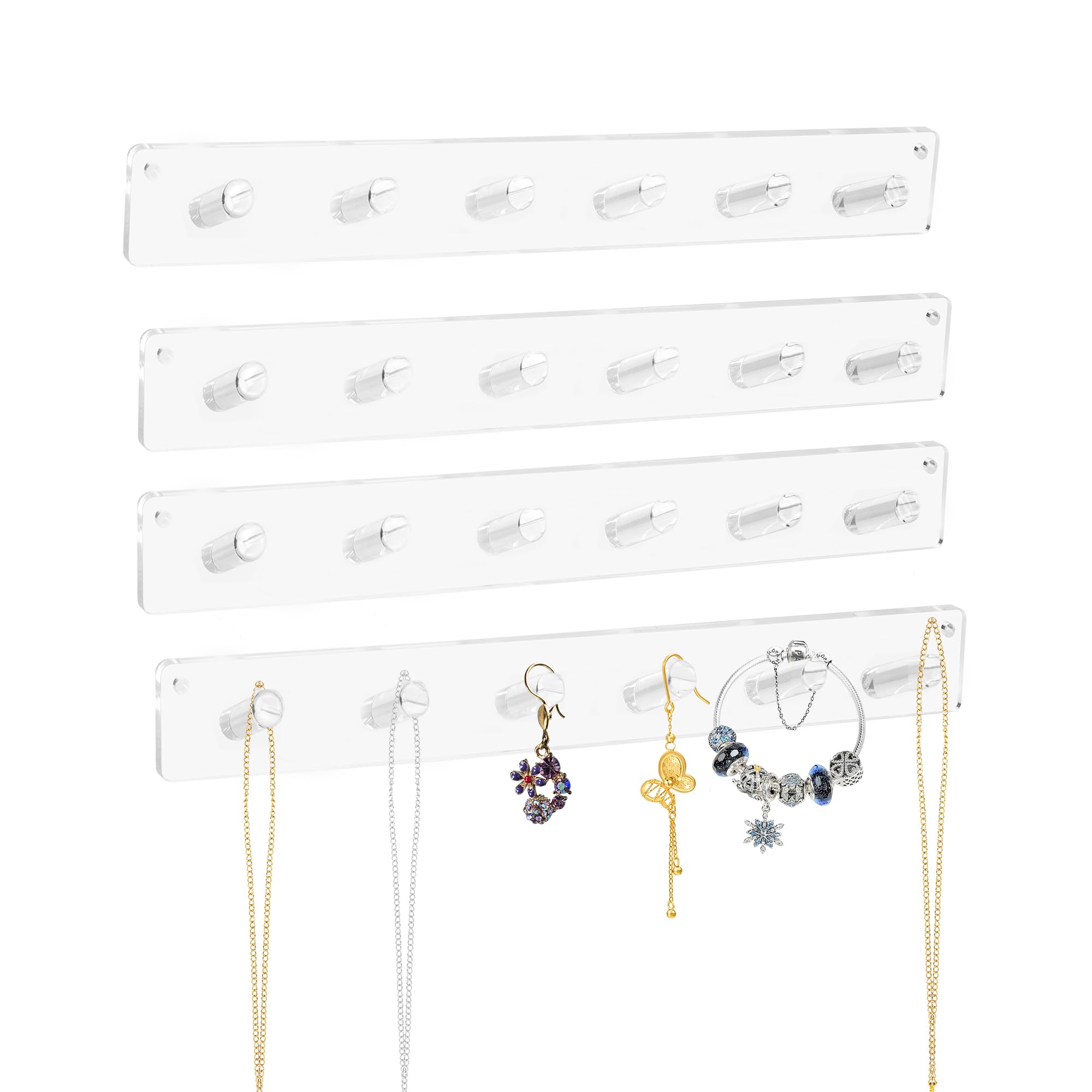 Axigundaone 4 Pcs Acrylic Necklace Holder Wall Mounted, Clear Necklace Organizer with 6 Hooks, Clear Acrylic Jewelry Hanger Hooks for Bracelets, Chains, Rings