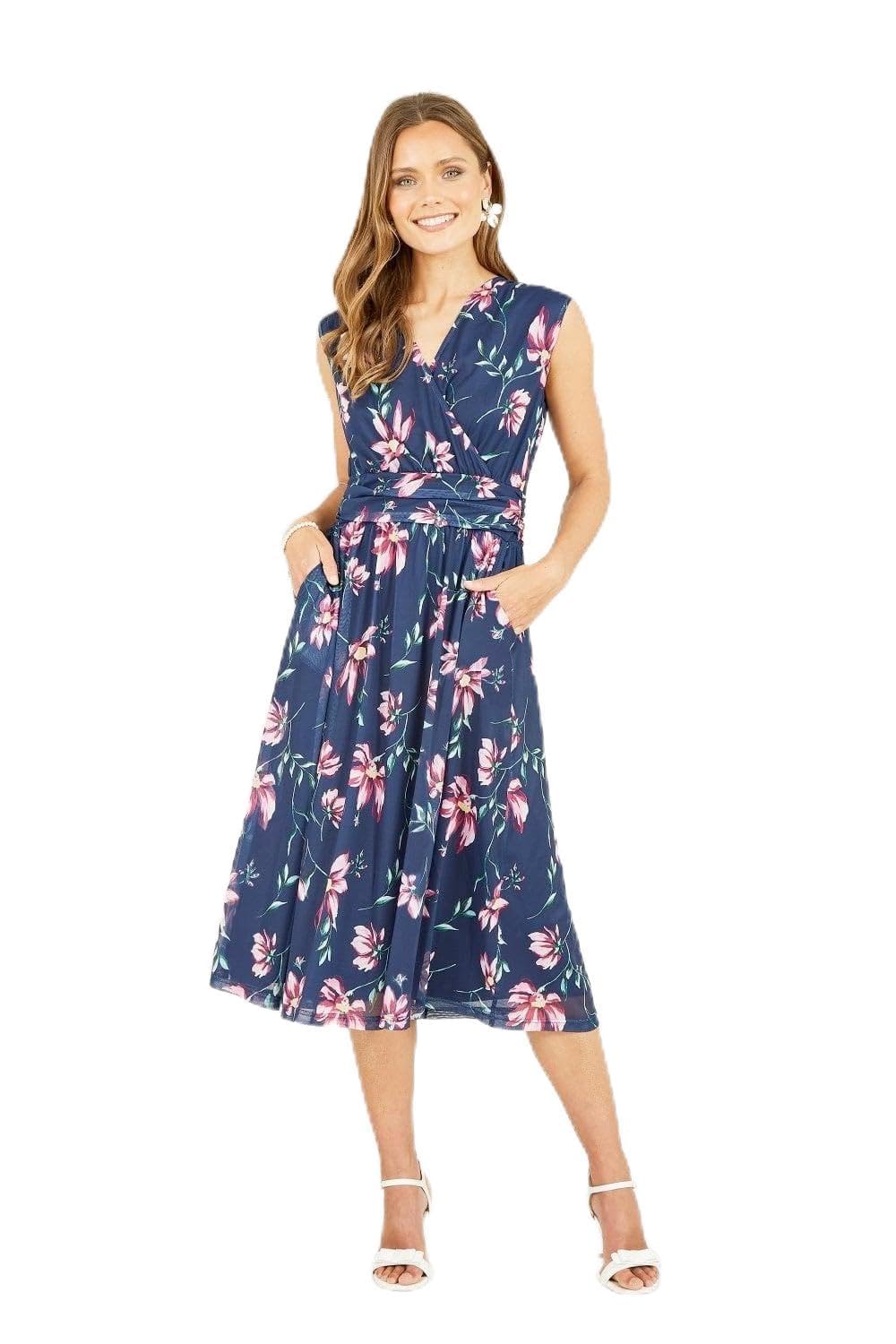 Yumi Navy Floral Print Mesh Stretch Midi Dress with Pockets 12 Navy