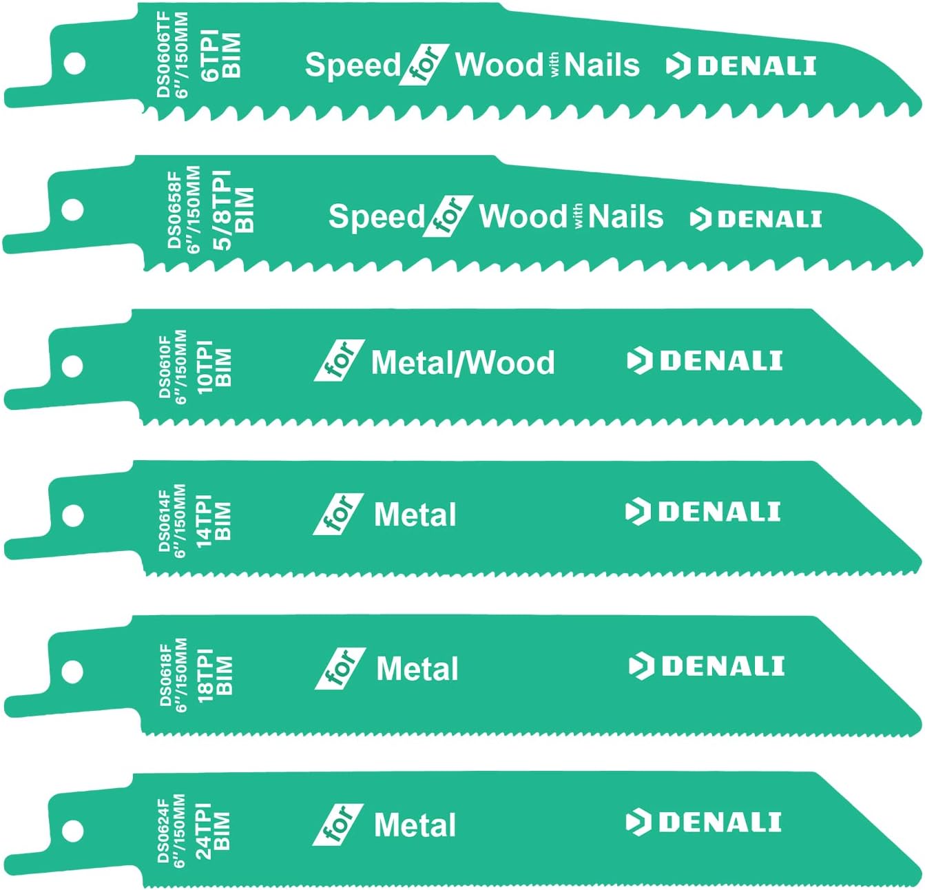  Brand - Denali Bi-Metal Reciprocating Saw Blade Set, 6-Piece (24T, 18T, 14T, 10T,6T, 5-8T) - - 