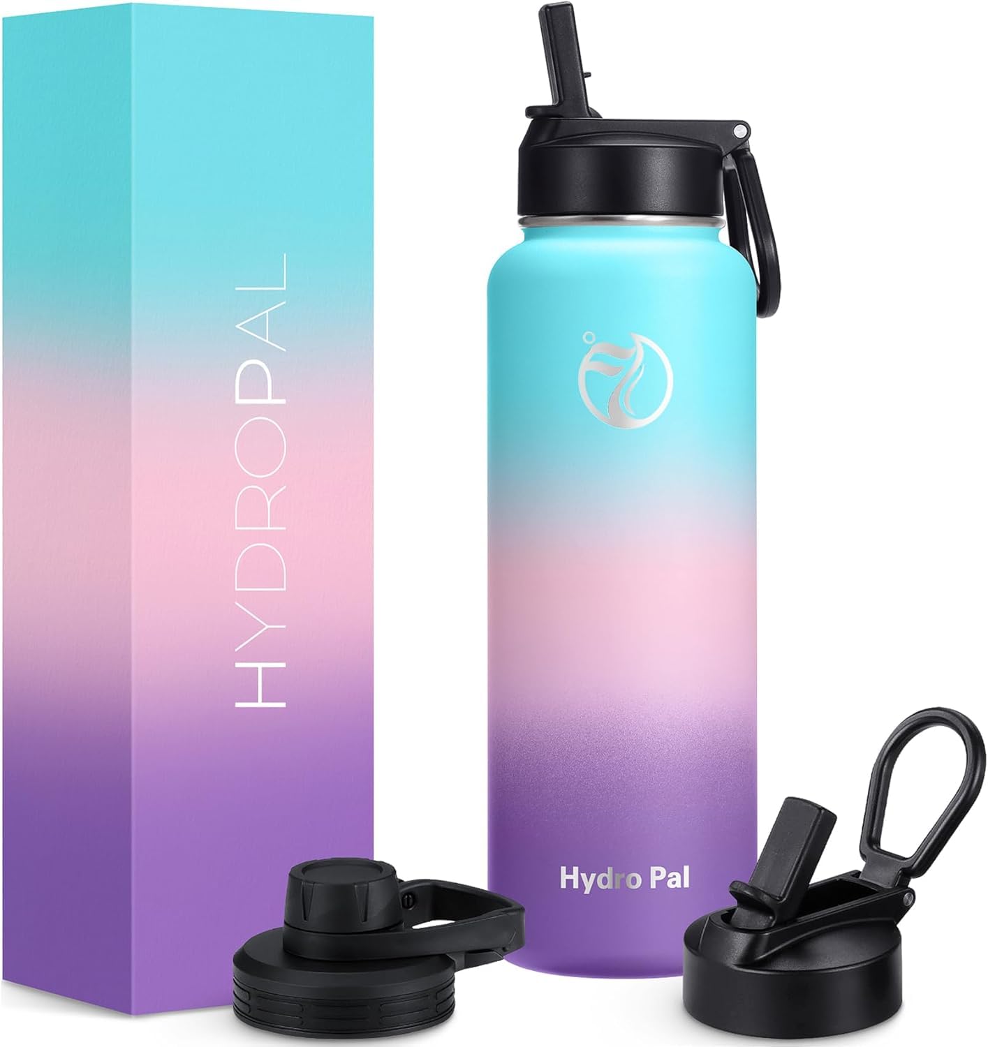 HydroPal Edelstahl Trinkflasche - 750ml/ 1L/1.2L/1.9L, BPA-Frei, Kohlensäure geeignet, Isolierte flasche mit Strohhalm & 2 Deckel