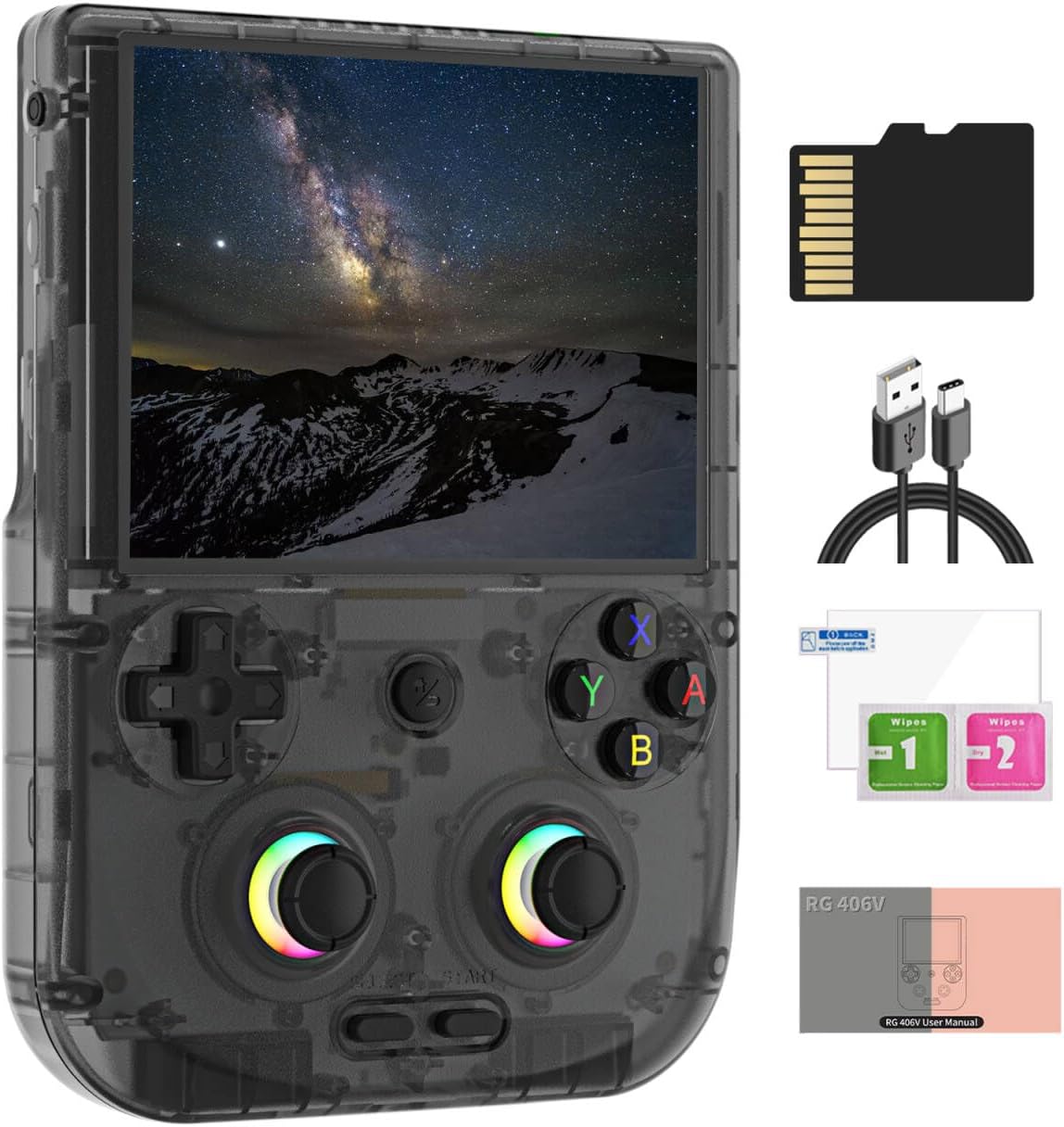 RG406V Android 13 Handheld Game Console 4" HD IPS 8GB RAM 128GB Storage RGB Lighting Game Player 5500mAh Battery Multi-Format Game Support(Black Transparent)