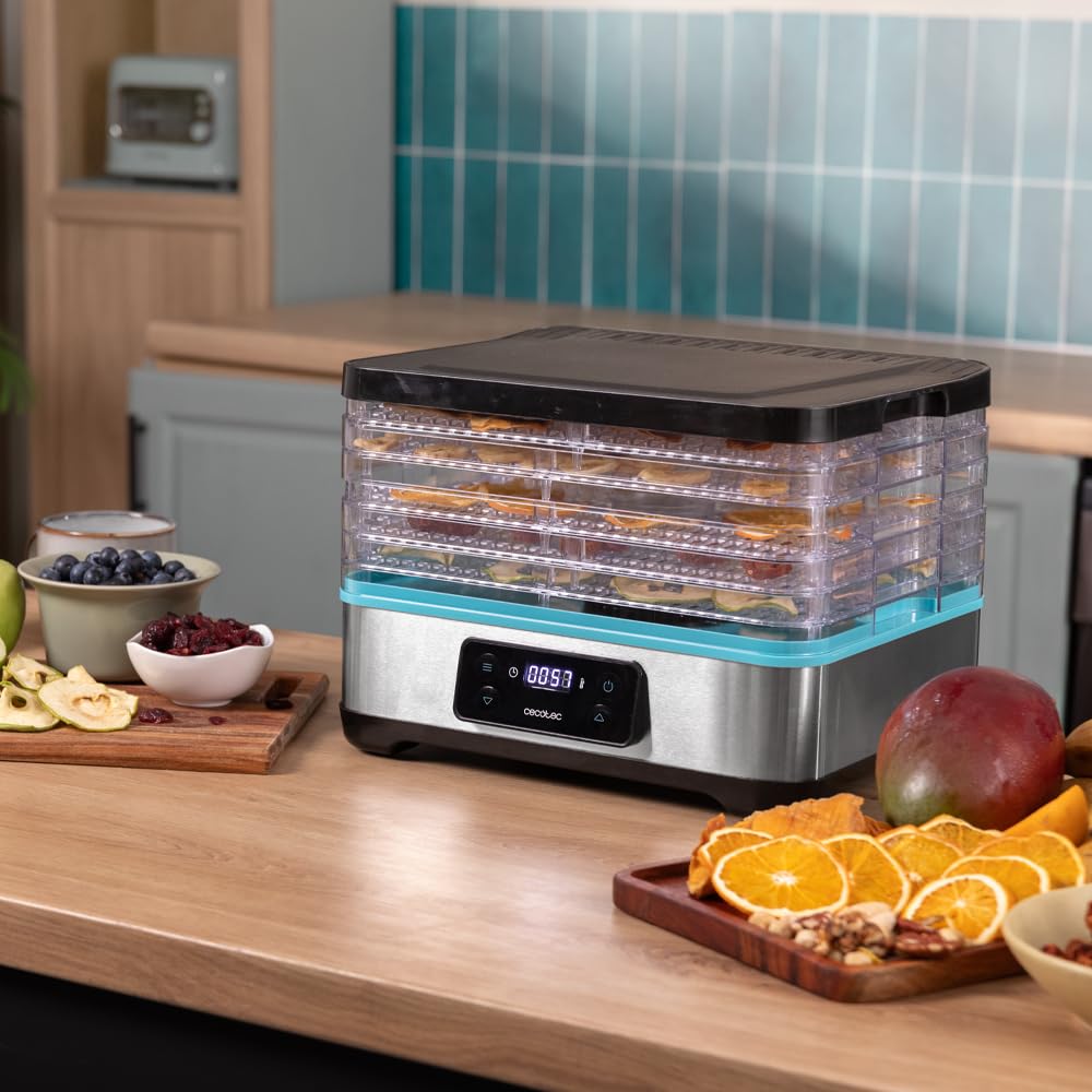 Cecotec Deshidratador de Alimentos VitaDry Pro. 300 W, Deshidratadora de Frutas con 5 Bandejas Altura Regulable, Pantalla Digital, Temporizador 30 min a 48 hs, Temperatura 35º-70º, Inox