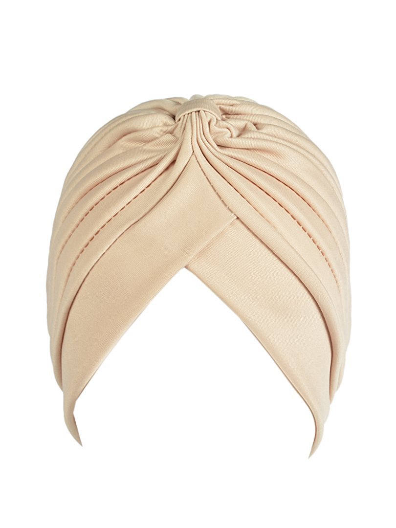 Women's Pleated Head Wrap Knit Bonnet Turban/Pleated Stretchable Polyester Women’s Turban Head Cover/Sun Cap Beige