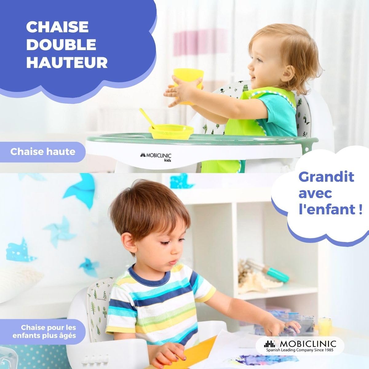 Mobiclinic® kids, Chaise haute évolutive, 2 en 1, Hauteur réglable, Double plateau, 6-36 mois, Forest, Harnais de sécurité 5 points, Roues amovibles, Jusqu'à 35 kg, Panier rangement, 360º