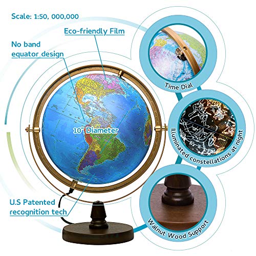 SJSMARTGLOBE with Interactive APP & LED Illuminated Constellations at Night, Educational Content for Kids, US-Certified LED & US-Patented STEM Toy, 10" World Globe with Detailed map