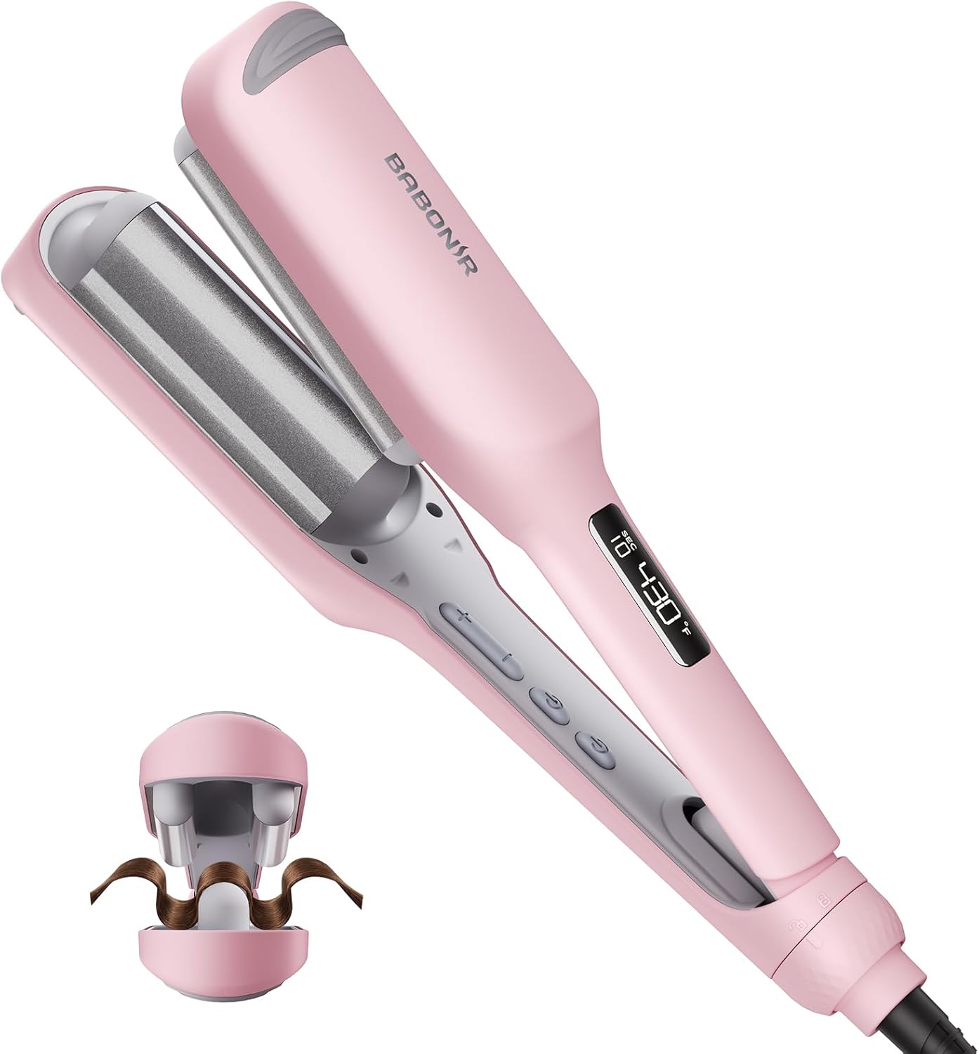 Curling Iron Hair Crimper Waver, 1 Inch 3 Barrel Hair Waver for Women, Ionic Ceramic Deep Wave Curling Iron for Beach Waves, Fast Heating, Anti-Scald Design, Dual Voltage, Easy to Use, Pink