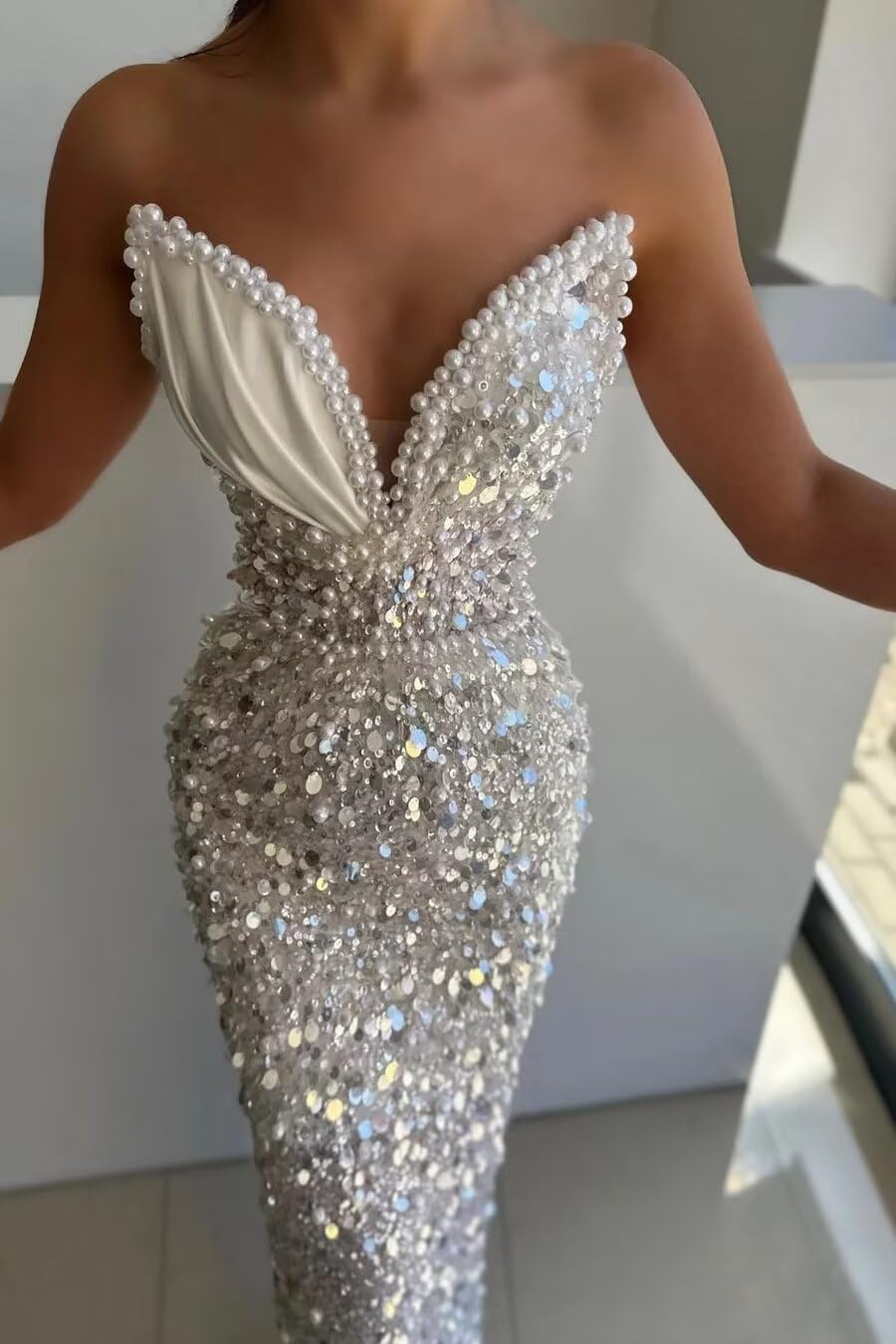Sparkly Sequin Mermaid Prom Dresses Long V Neck Satin Beaded Pleated Tight High Waist Formal Dresses Evening Party Gowns - Image 5