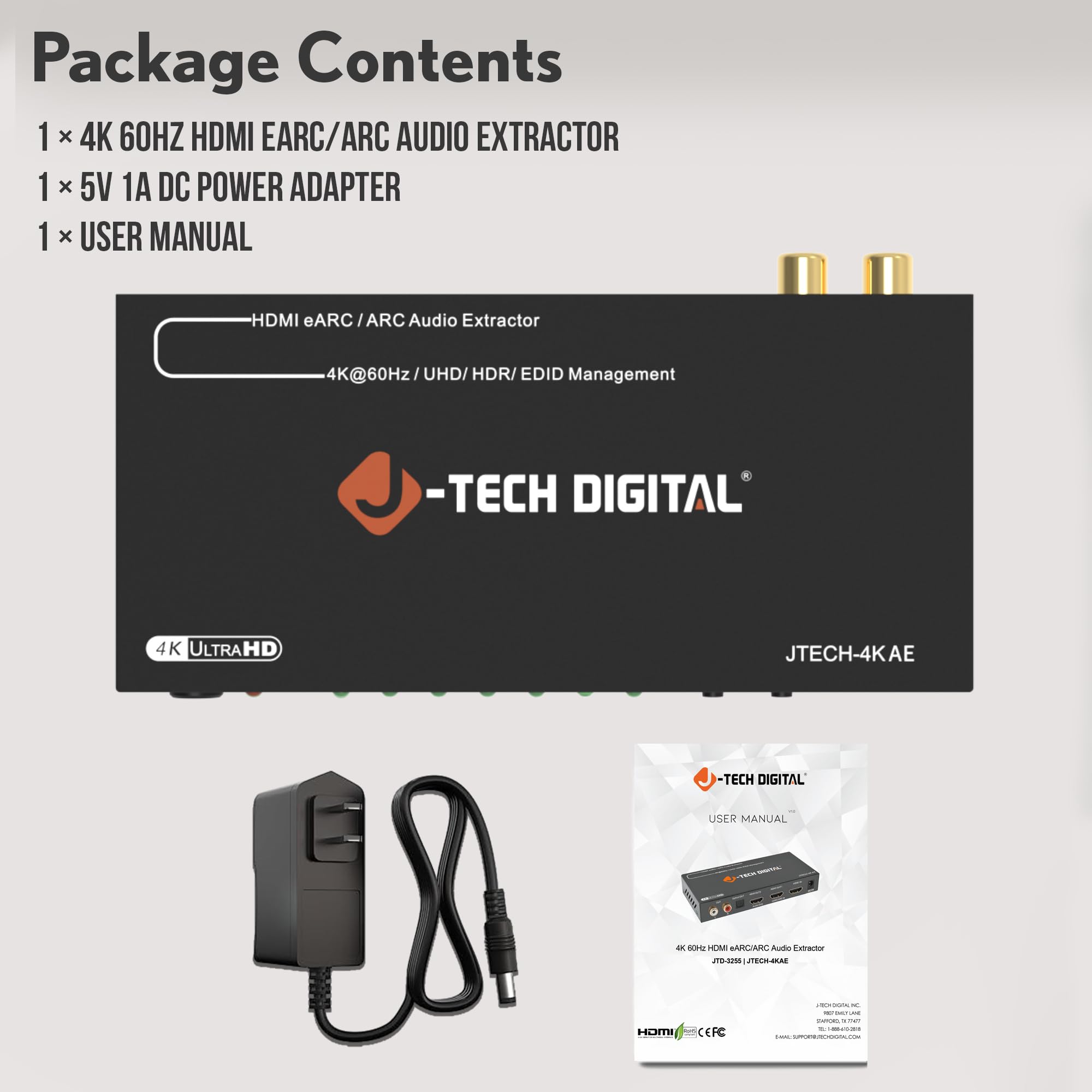 J-Tech Digital Estrattore audio 4K HDMI eARC/ARC, 4K 60Hz HDMI a ottico + RCA L/R, convertitore audio DAC da digitale ad analogico per console di gioco Blu-Ray laptop HDTV [JTECH-4KAE]