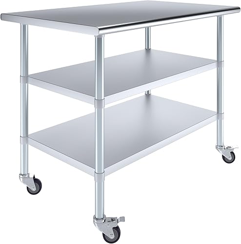 AmGood Mesa de trabajo de acero inoxidable con 2 estantes y ruedas  Mesa de trabajo de metal con ruedas (mesa de trabajo de acero inoxidable con 2