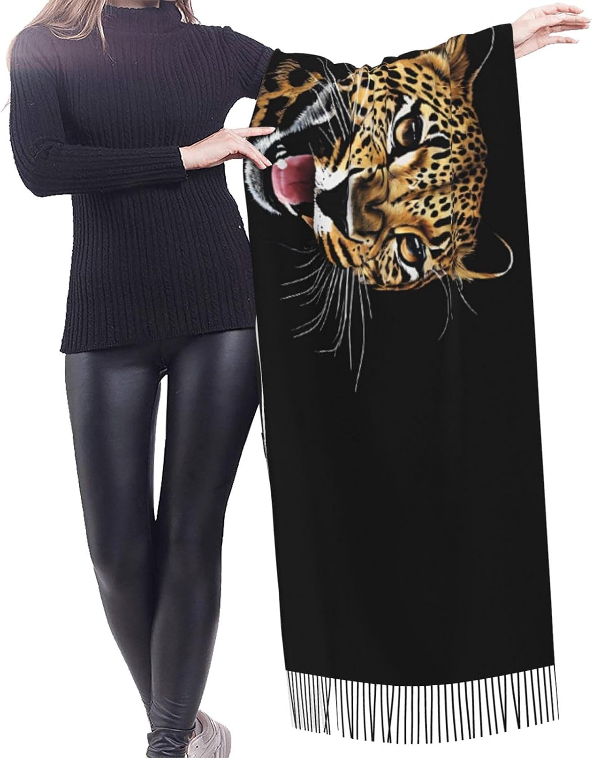 (Cute Leopard) Women's Soft Warm Scarf Large Plush Shawl Wrap with Fringe Fashion Winter Scarves for Cold Weather