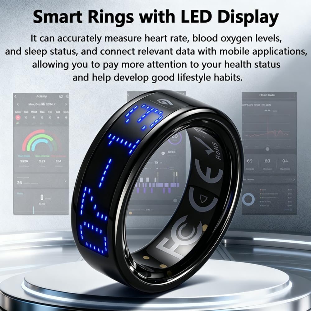 Anello Smart con Schermo LED Controllo Touch Compatibile con iOS/Android | Smart Ring IP68 Impermeabile, Salute Femminile, Più Modalità di Sport, Monitoraggio del Sonno, Nessun Abbonamento