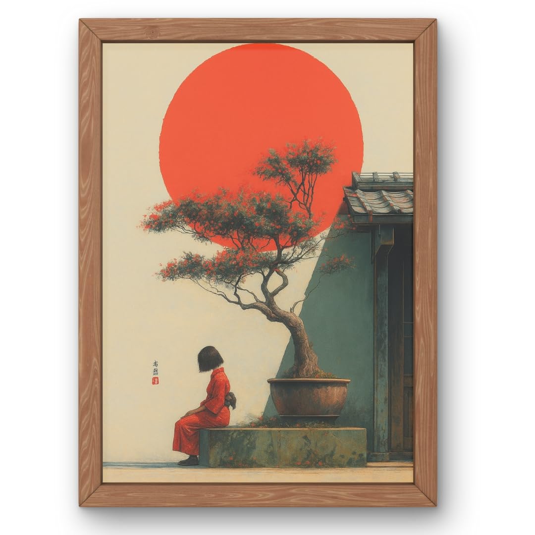 Japanese Wall Art Painting – Minimalist Red Sun & Bonsai Tree