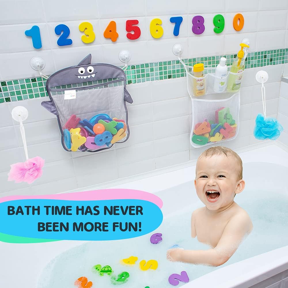 Comfylife Baby Bath Toy Organizer - Shark (2 Bath Toy Storage Nets, 8 Toy Numbers & 10 Strong Hooks) – Great Bath Net for Kids – Cute Bathtub Toy Organizer and Bath/Shower Caddy Storage Solution : Toys & Games