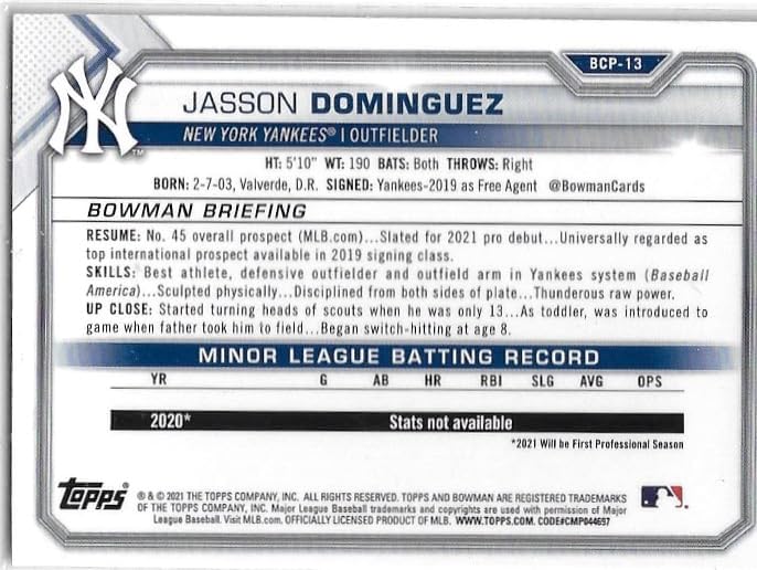 Jasson Dominguez Mojo Refractor Bowman Chrome Prospect Collectible Baseball Card - 2021 Bowman Baseball Card #BCP-13 (Yankees)