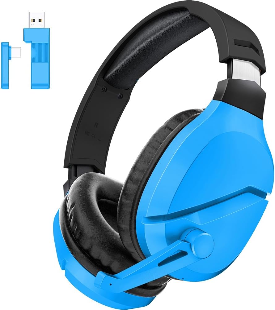 wireless gaming headset with noise canceling microphone for ps5, pc, ps4, 2.4g/bluetooth gaming headphones with usb and type-c connector, wired mode for controller - blue blue regular edition